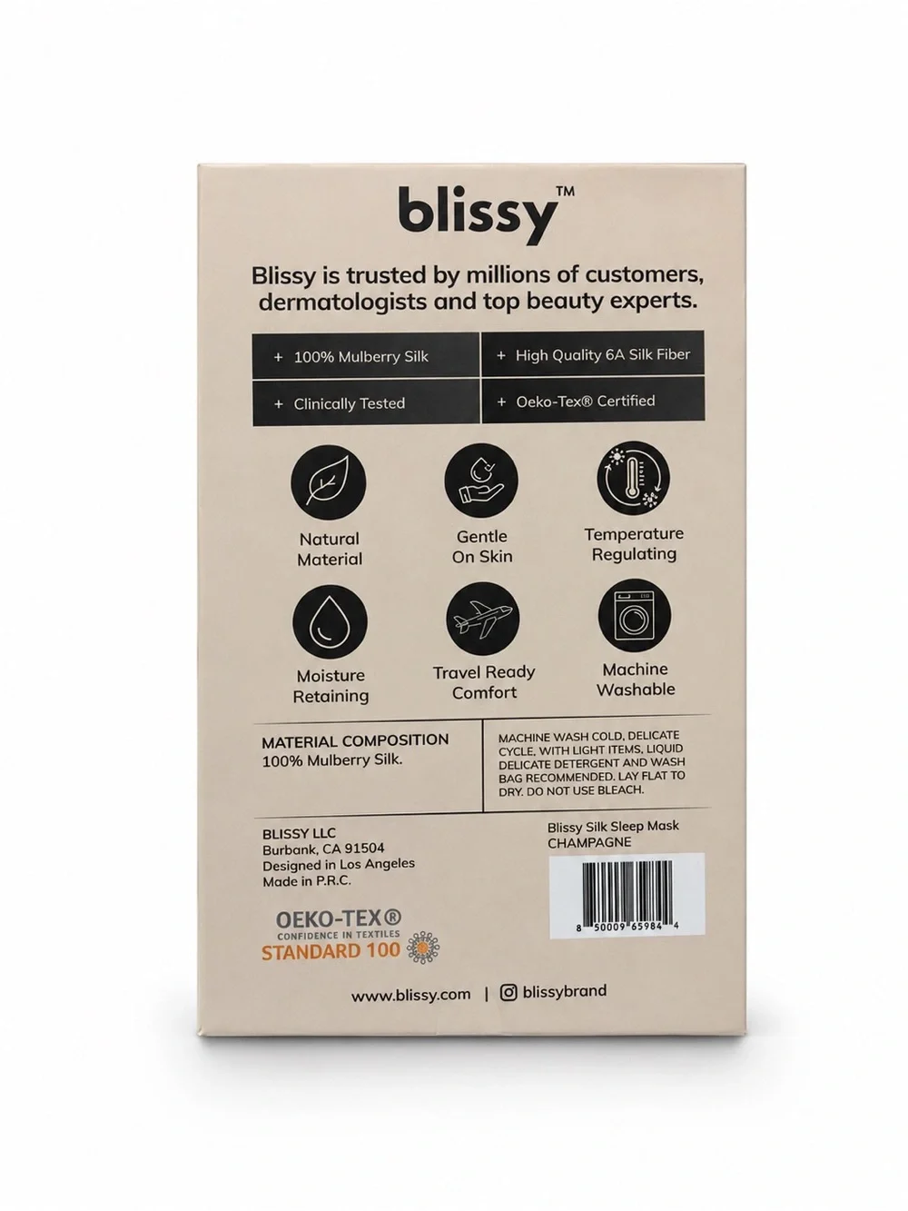 Blissy 100% Mulberry Silk Sleep Mask - Champagne Beige